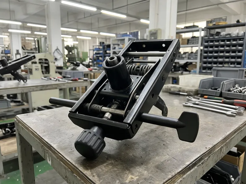 Adjustable chair mechanism assembly showing tilt tension knob, backrest lock, and gas lift interface