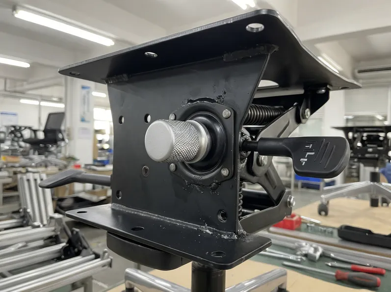 Close-up technical detail of adjustable chair mechanism showing tilt tension knob, backrest lock positions, and mounting plate