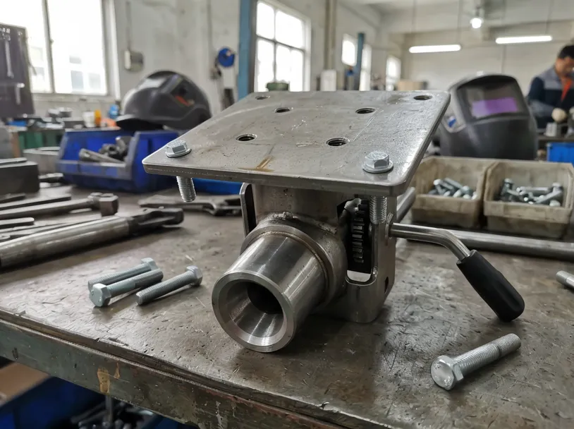 Adjustable chair mechanism mounting hardware showing M8 bolt pattern and taper bore gas lift connection