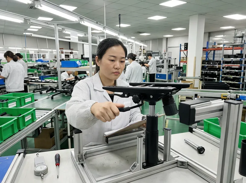 QC functional inspection of adjustable chair mechanism on production line