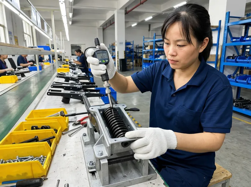 Auto-return spring assembly and calibration detail for automatic chair mechanism