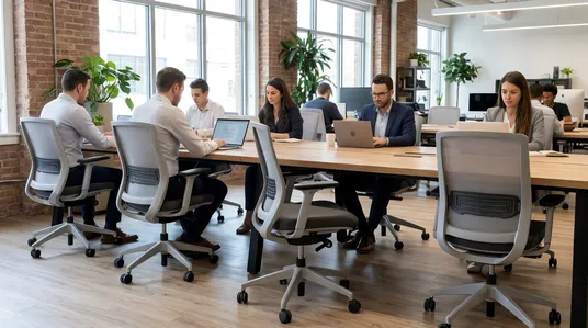 Co-working and shared workspace seating with automatic return mechanism