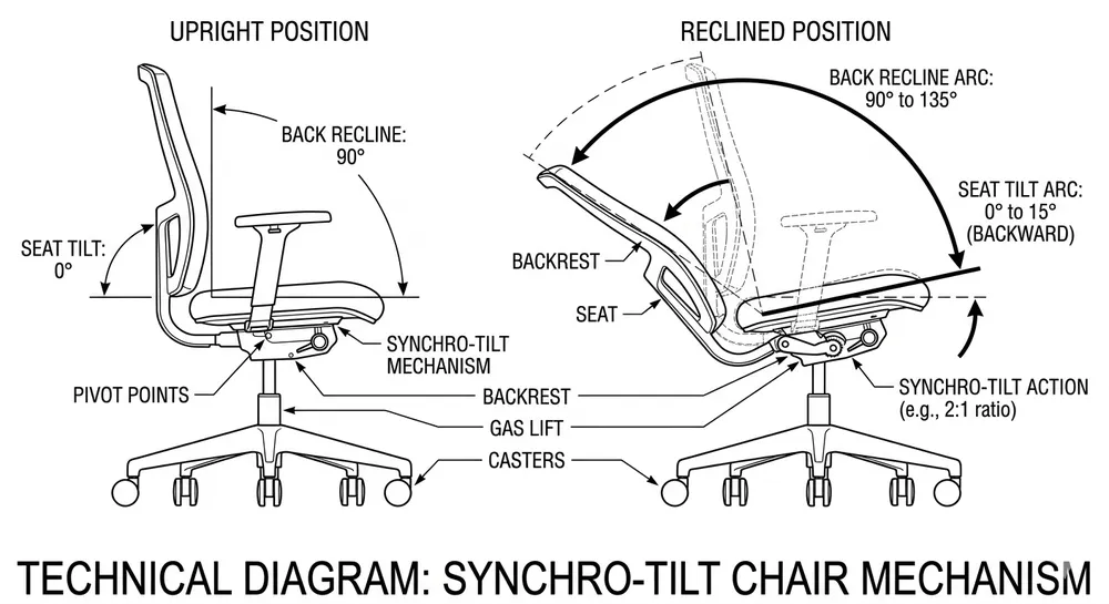 Chair Mechanism Tilt and Recline Range Diagram Side-view diagram showing seat tilt and back recline angle ranges for a synchro-tilt chair mechanism with labeled degree markers