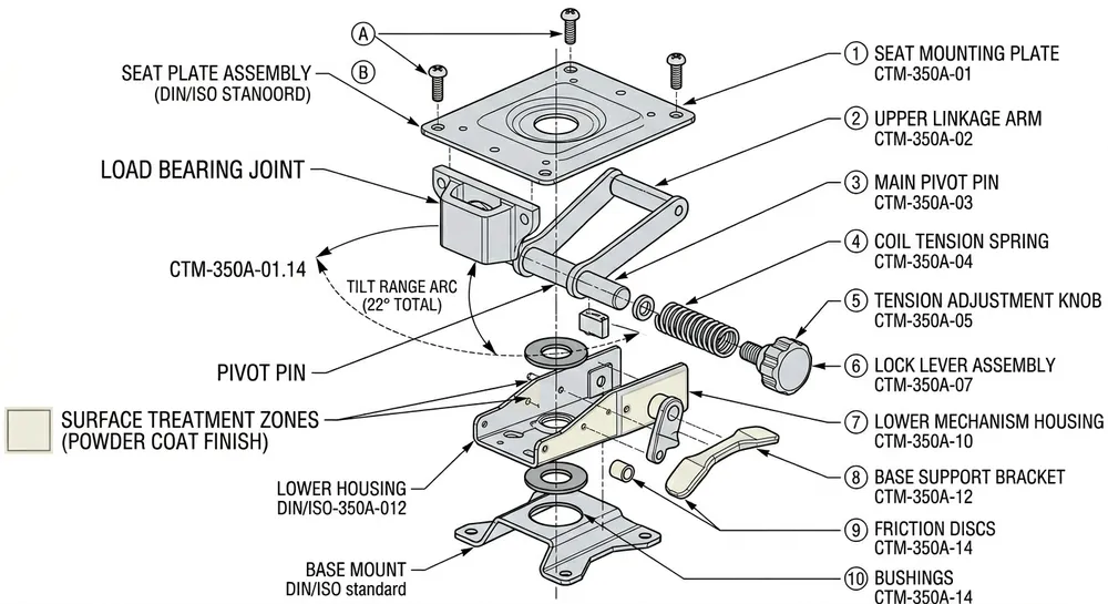 Exploded diagram of an OEM adjustable chair mechanism showing key specification points including tilt range, load bearing, and surface treatment zones