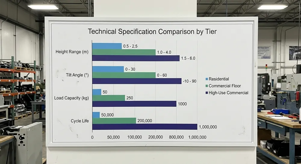 Comparison chart of adjustable chair mechanism specs across residential, commercial, and high-use commercial tiers