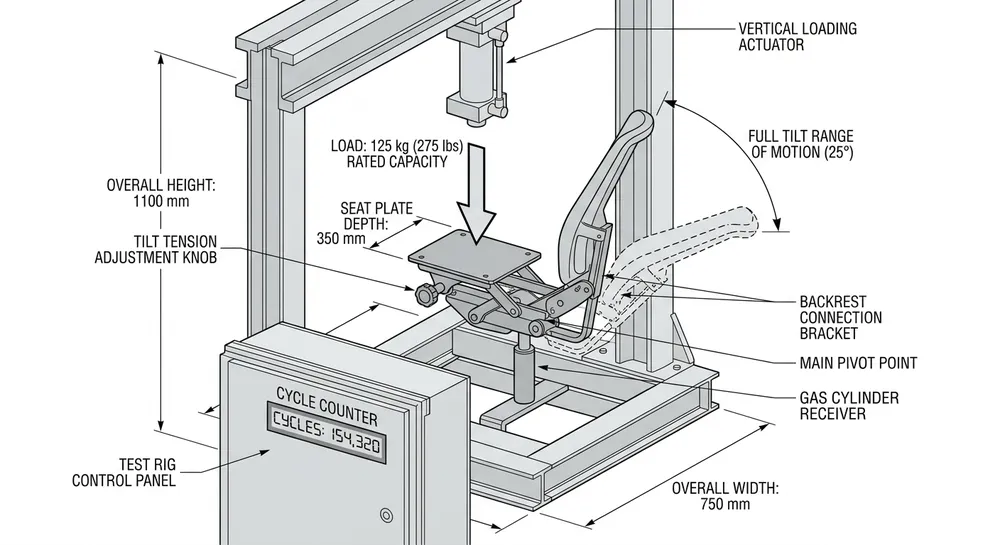 Diagram of chair mechanism cycle life load test setup showing load application point, tilt arc range, and cycle counter