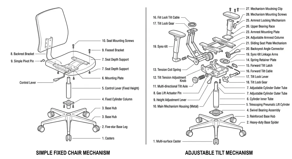 Side-by-side diagram showing component count and assembly layers of adjustable versus fixed chair mechanisms