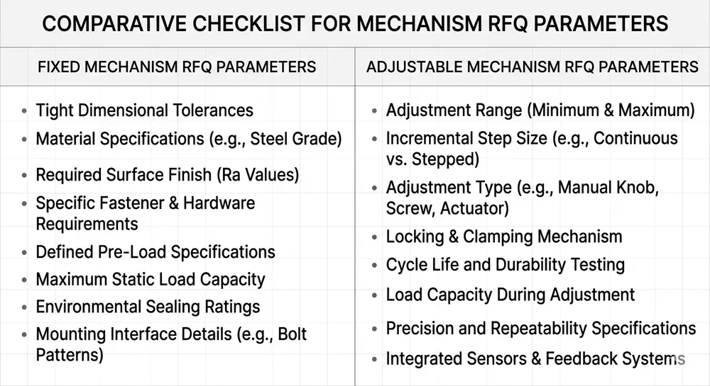 Specification checklist for sourcing adjustable and fixed chair mechanisms showing key parameters to include in RFQ