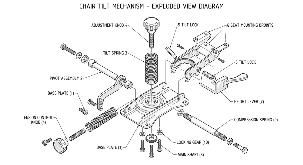 Labeled diagram of a chair tilt mechanism showing base plate, tilt spring, pivot, lock, and adjustment knob