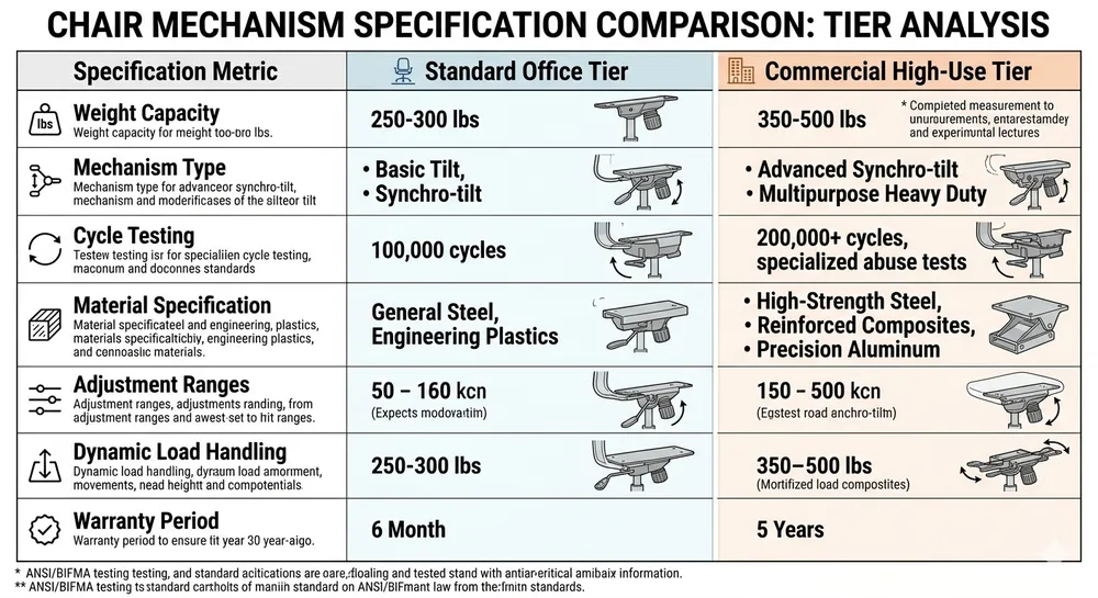 Chair Mechanism Spec Parameters by Application Chair mechanism design specification parameters comparison table for standard office versus commercial high-use applications