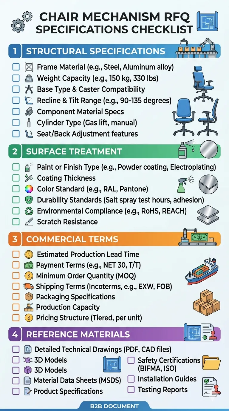 Chair Mechanism RFQ Checklist Chair mechanism RFQ specification checklist showing required parameters for a complete sourcing brief