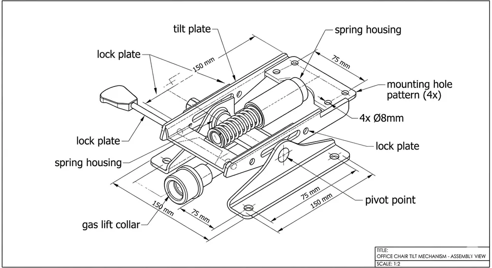 Annotated chair mechanism diagram showing tilt plate, lock plate, spring housing, gas lift collar, and mounting hole pattern with dimension callouts