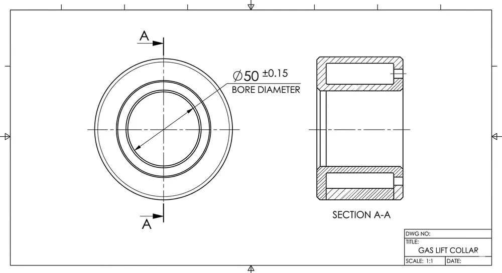 Close-up technical drawing of chair mechanism gas lift collar showing bore diameter dimension and tolerance callout