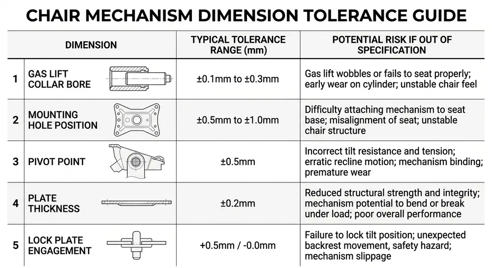 Chart comparing chair mechanism tolerance callouts across five critical dimensions with sourcing risk notes