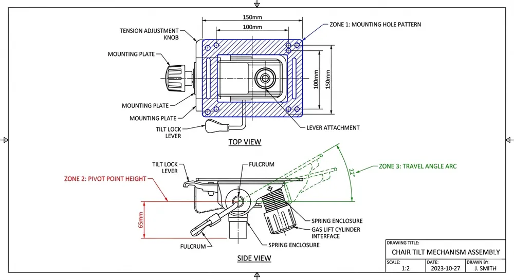 Chair mechanism drawing highlighting critical dimension zones including mounting hole pattern, pivot height, and travel angle