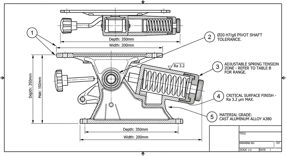 Annotated technical drawing of a chair tilt mechanism showing key dimensions, tolerances, and material callouts