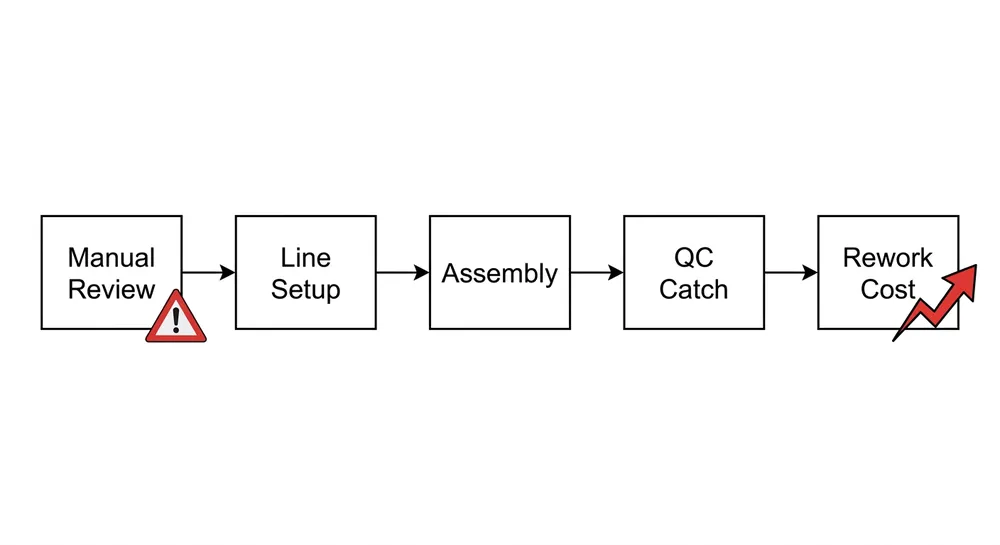 Diagram showing how a manual gap at intake leads to rework costs downstream in a chair mechanism assembly line