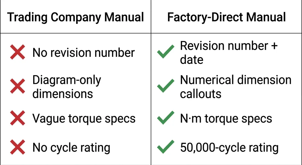 Side-by-side comparison of a trading company chair mechanism manual versus a factory-direct manual showing documentation gaps