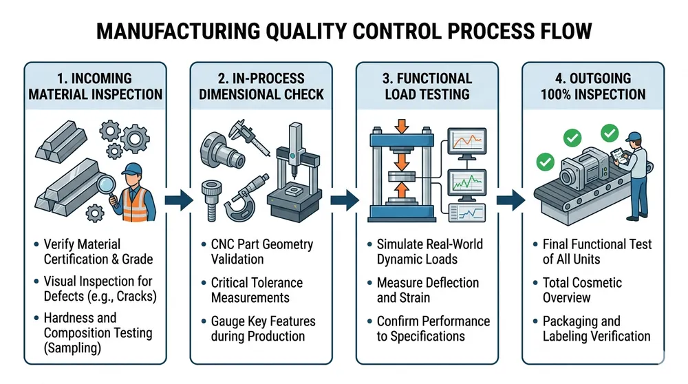 Four-stage QC inspection flow for chair mechanism production from incoming material to outgoing container