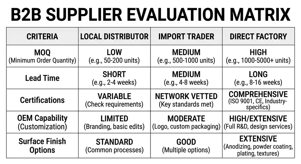 Supplier evaluation matrix comparing chair mechanism suppliers across MOQ, lead time, certifications, and customisation capability