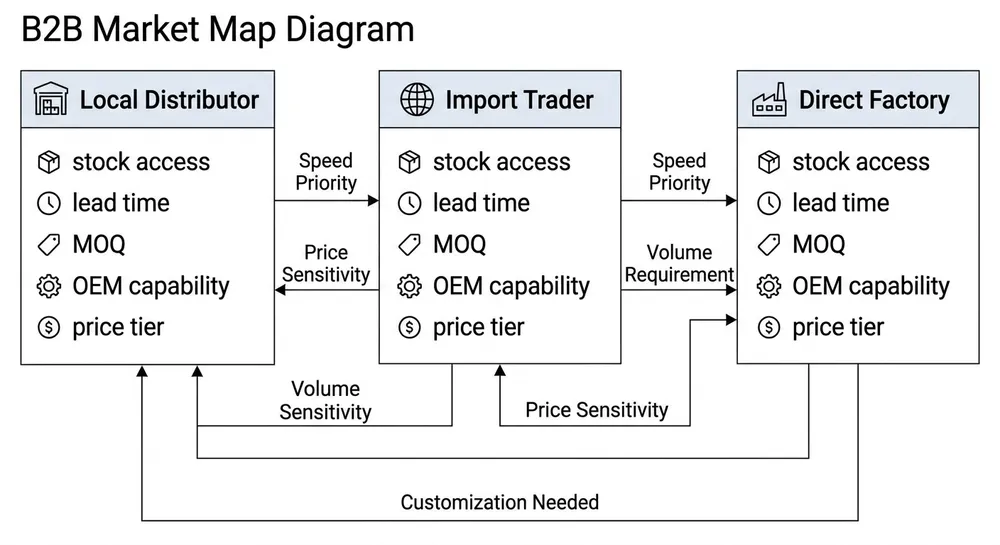 Australian Chair Mechanism Supply Landscape Diagram showing three supplier model types for chair mechanisms in Australia — local distributor, import trader, and direct factory