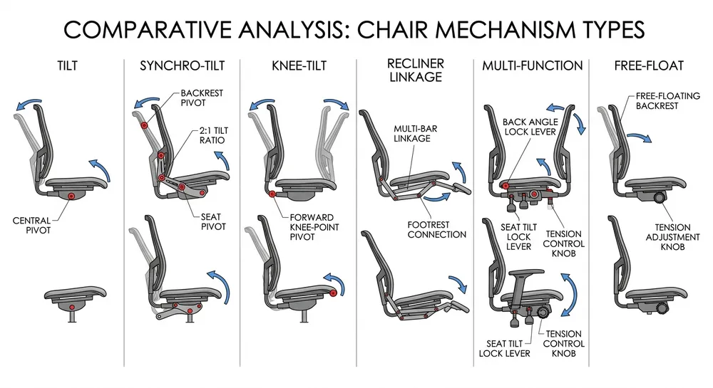 Diagram showing six common office chair mechanism types side by side with labeled components