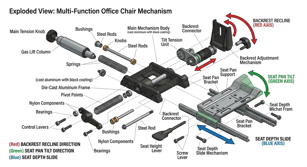 Multi-Function Mechanism Adjustment Points Labeled diagram of multi-function chair mechanism showing independent seat tilt, back recline, and seat depth adjustment points