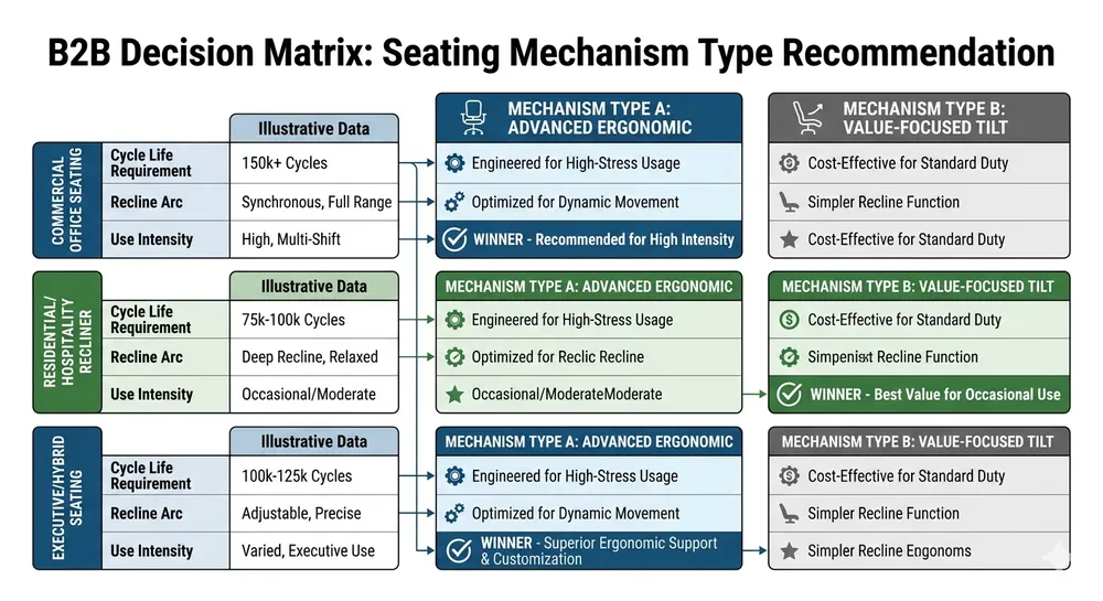 Decision matrix showing which mechanism type fits commercial office, residential recliner, and hybrid executive seating applications