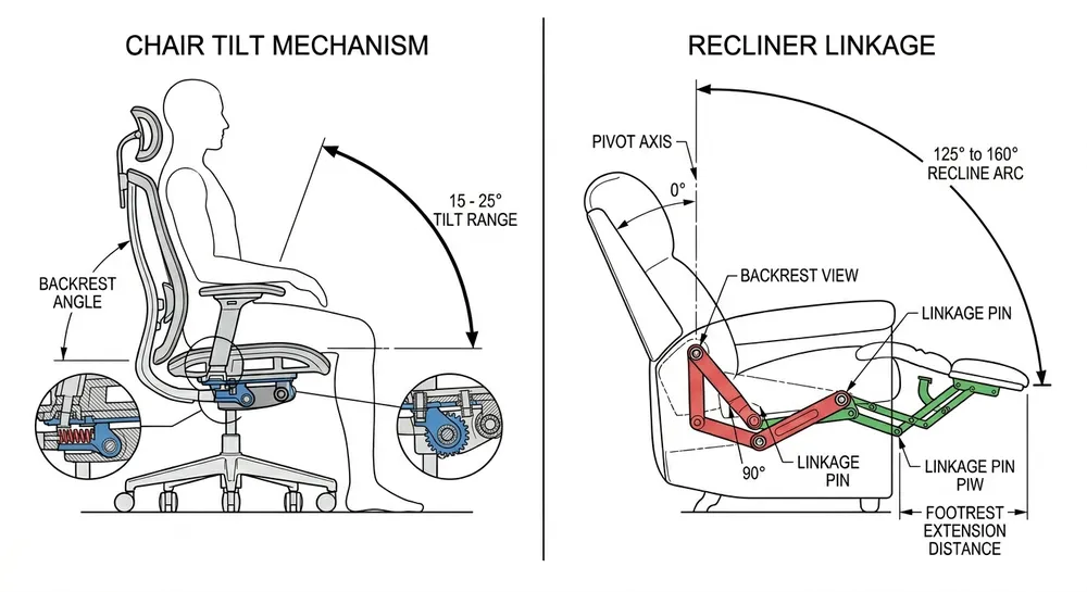Side-by-side diagram comparing chair tilt mechanism motion arc versus recliner linkage full recline travel