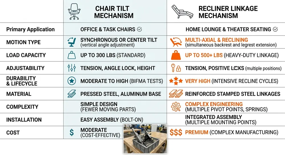 Visual specification matrix comparing chair tilt mechanism and recliner linkage mechanism across key commercial dimensions