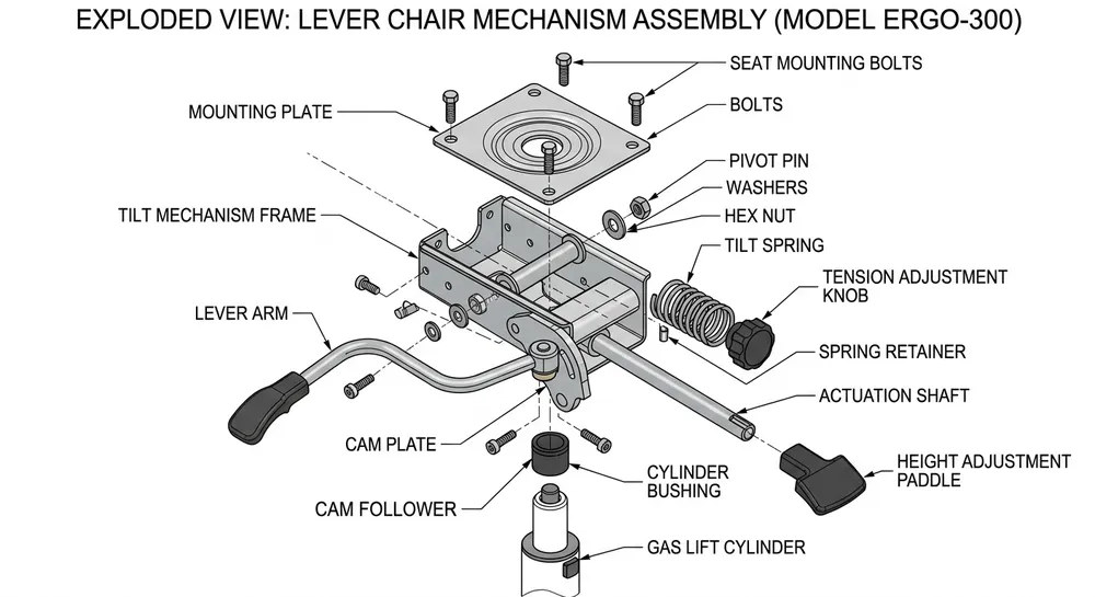 Labeled diagram of a lever chair mechanism showing pivot pin, cam plate, spring, and height adjustment lever