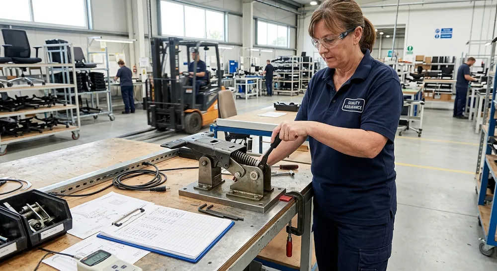 Technician performing lever return cycle test on a chair mechanism at a QC station