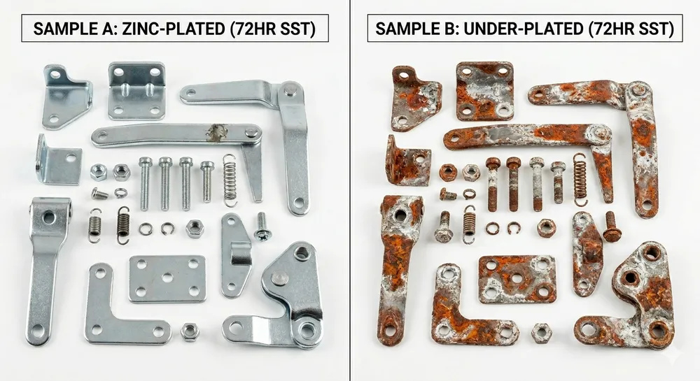 Side-by-side comparison of adequate zinc plating versus under-plated lever mechanism components showing corrosion after salt spray testing