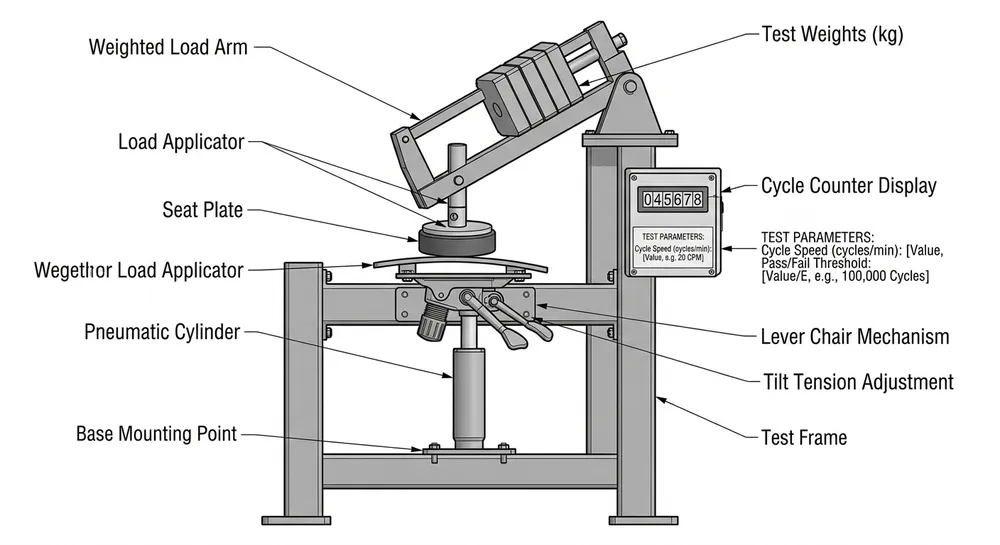 Mechanism Cycle Life Test Setup Diagram showing lever chair mechanism durability test setup with load application point, cycle counter, and pass/fail criteria at rated load
