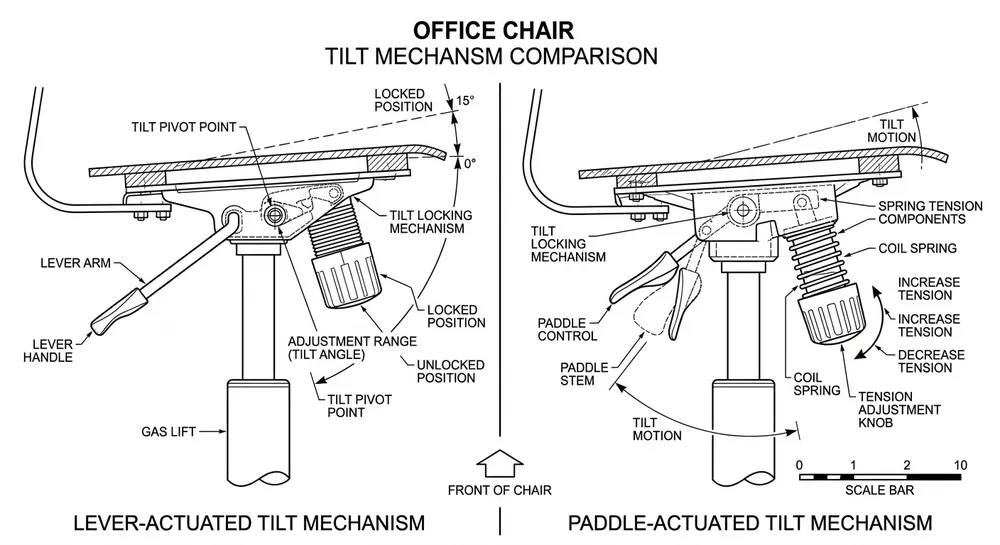Side-by-side diagram of lever chair mechanism and paddle chair mechanism showing key components