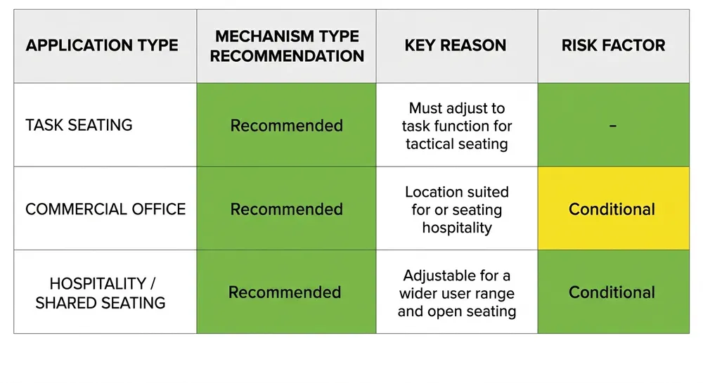 Lever vs Paddle Mechanism Application Decision Matrix Decision matrix showing which chair mechanism type fits different commercial seating applications