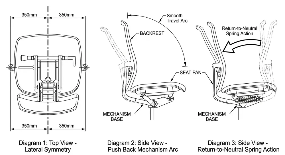 Push Back Mechanism — Post-Installation Alignment Checks Illustration of three alignment verification checks for push back chair mechanism including lateral symmetry, travel arc, and return force