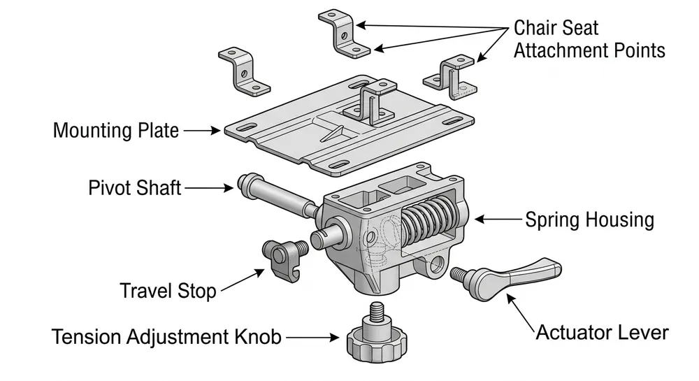 Push Back Chair Mechanism — Component Anatomy Labeled diagram of a push back chair mechanism showing pivot points, mounting plate, spring tension adjuster, and travel stops