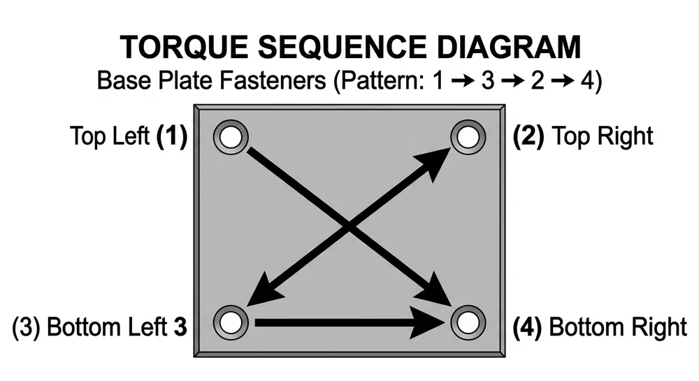 Fastener Torque Sequence — Cross Pattern Diagram showing cross-pattern fastener torque sequence for push back chair mechanism base plate installation