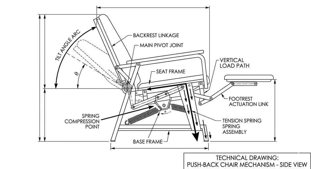 Diagram of a push back chair mechanism showing tilt angle range, spring tension point, and load path