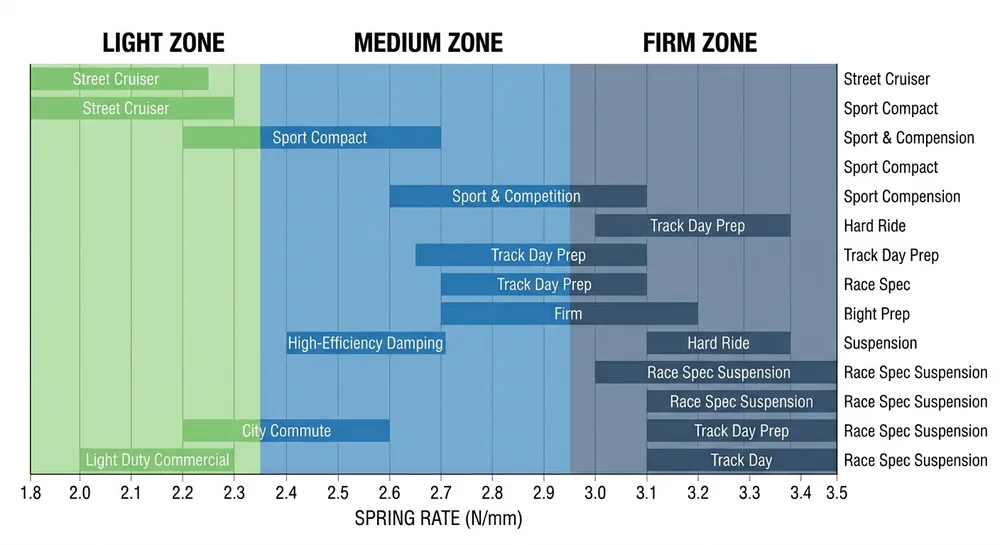Push back chair spring rate application chart Chart comparing push back chair mechanism spring rates from 1.8 to 3.5 N/mm with application zones labeled