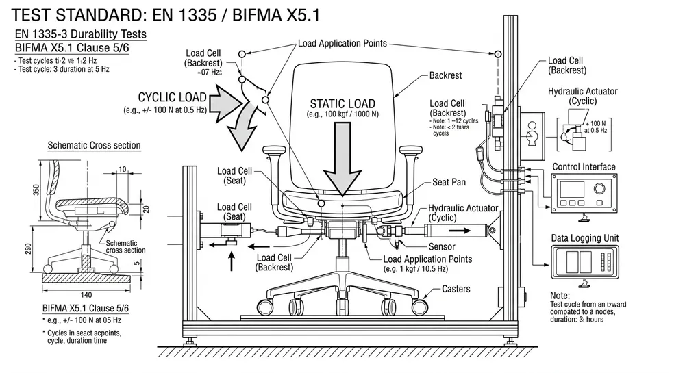 Push back mechanism load test setup Diagram showing static and dynamic load test setup for push back chair mechanism per EN 1335 standard