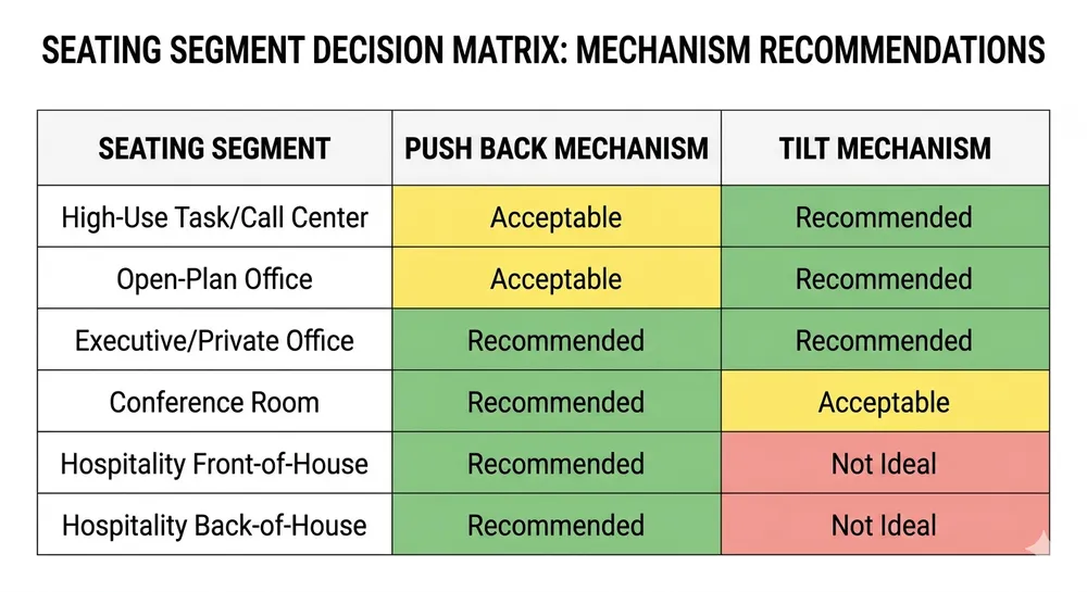 Decision matrix matching push back and tilt chair mechanisms to commercial seating segments by usage intensity and warranty risk