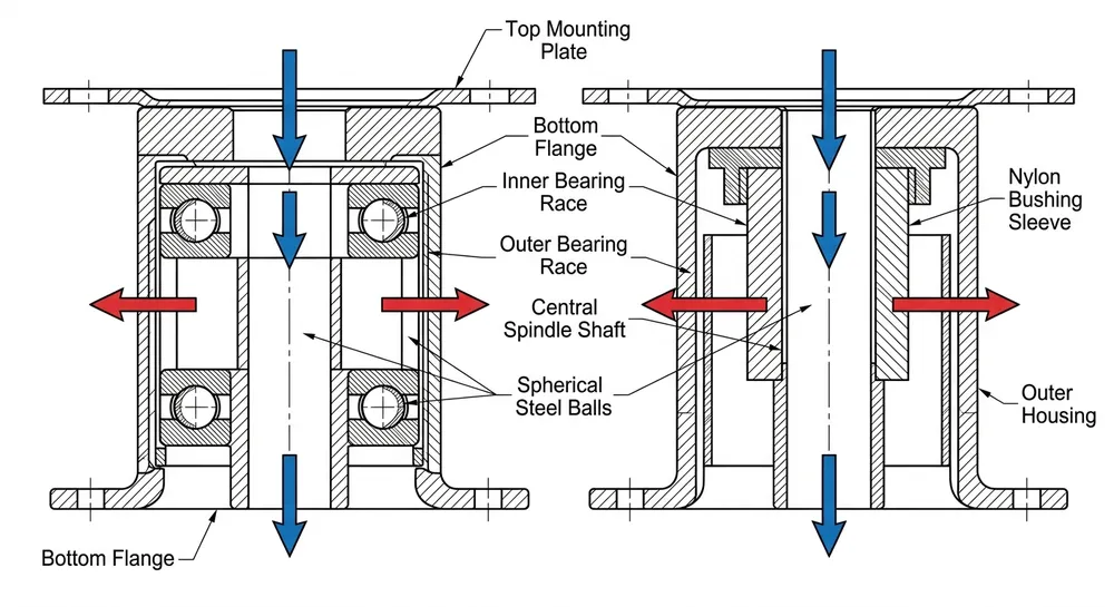 Cross-section diagram comparing ball bearing and nylon bushing configurations in a rotating chair mechanism swivel assembly