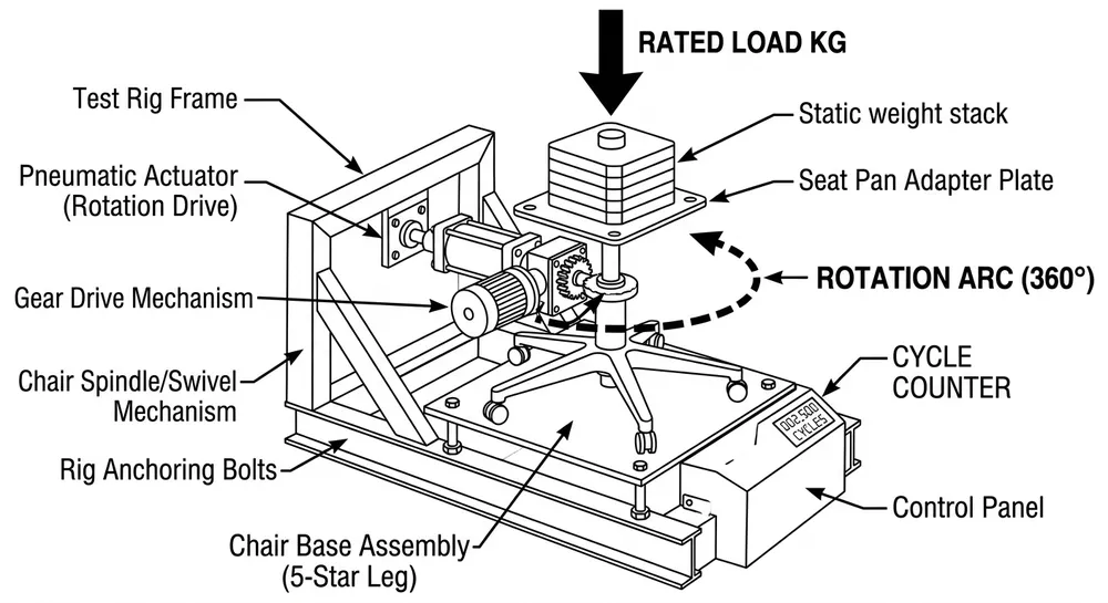 Diagram of a rotating chair mechanism undergoing 50,000-cycle load testing with weight and rotation indicators