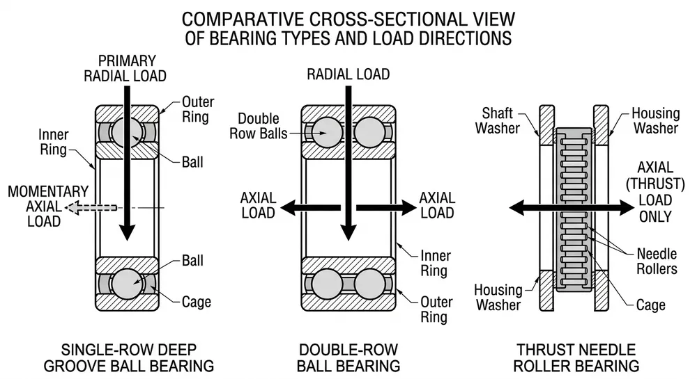 Chair Mechanism Bearing Type Comparison Side-by-side comparison of single-row ball bearing, double-row ball bearing, and thrust needle roller bearing cross-sections for chair mechanisms