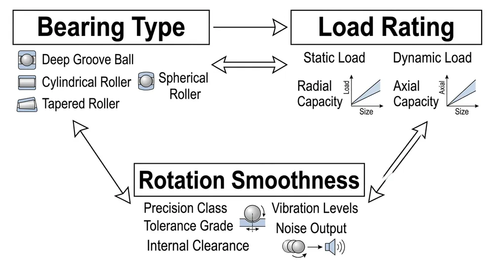 Diagram showing the three main specification dimensions of a rotating chair mechanism — bearing type, load rating, and rotation smoothness