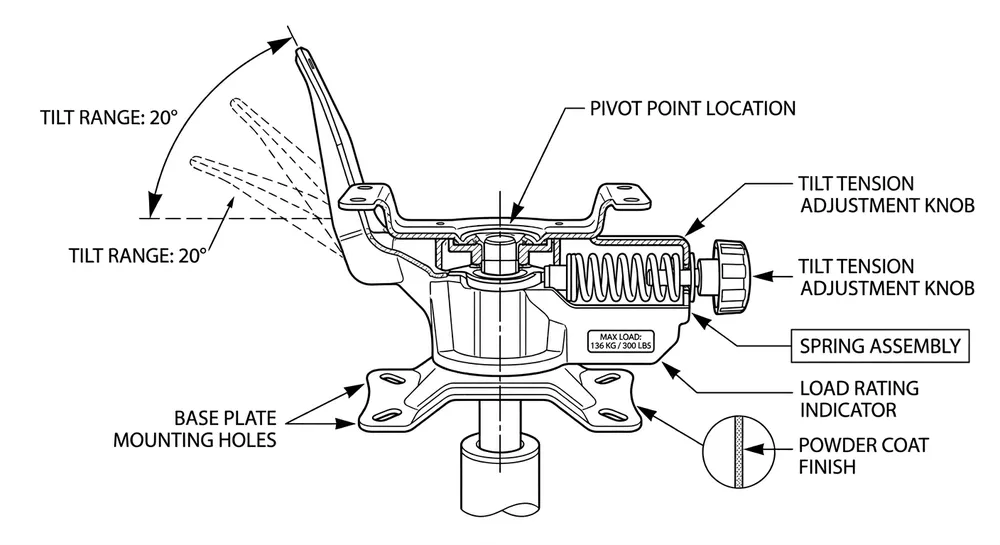 Diagram showing customizable parameters of an OEM swivel chair mechanism including pivot geometry, spring rate, mounting pattern, and surface finish options
