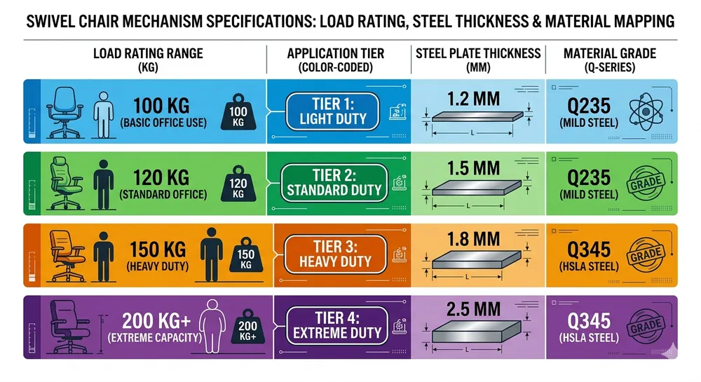 Chart comparing swivel chair mechanism load ratings against steel plate thickness and material grade requirements