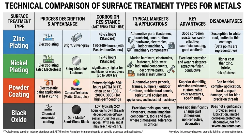 Comparison table of swivel chair mechanism surface treatments showing salt spray hours and recommended market applications